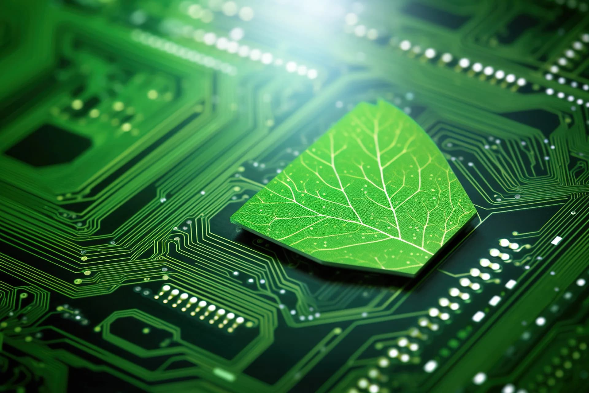 Groen PCB-bord met blad (ITAD recycling)